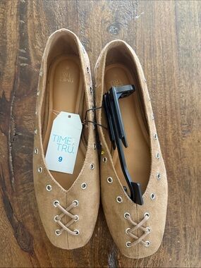 Time and Tru Tan Suede Lace-Up Ballet Flats with Eyelet Detail